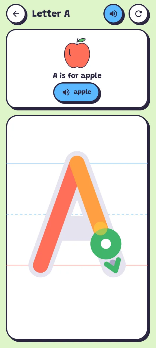 Tracing the letter A, with "A is for apple" above