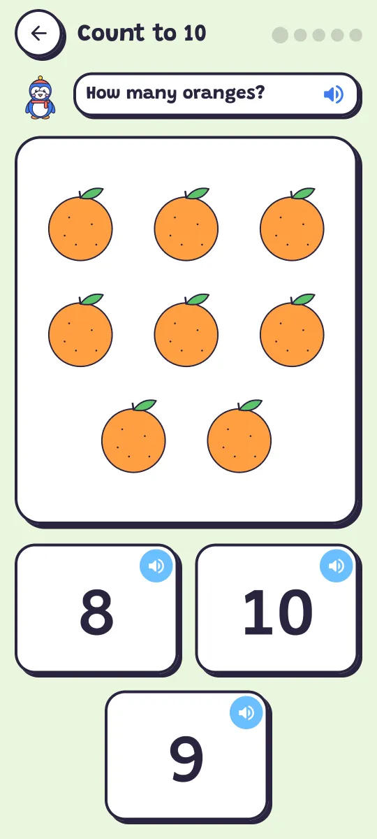 A counting question: How many oranges? with the answers 8, 10 and 9
