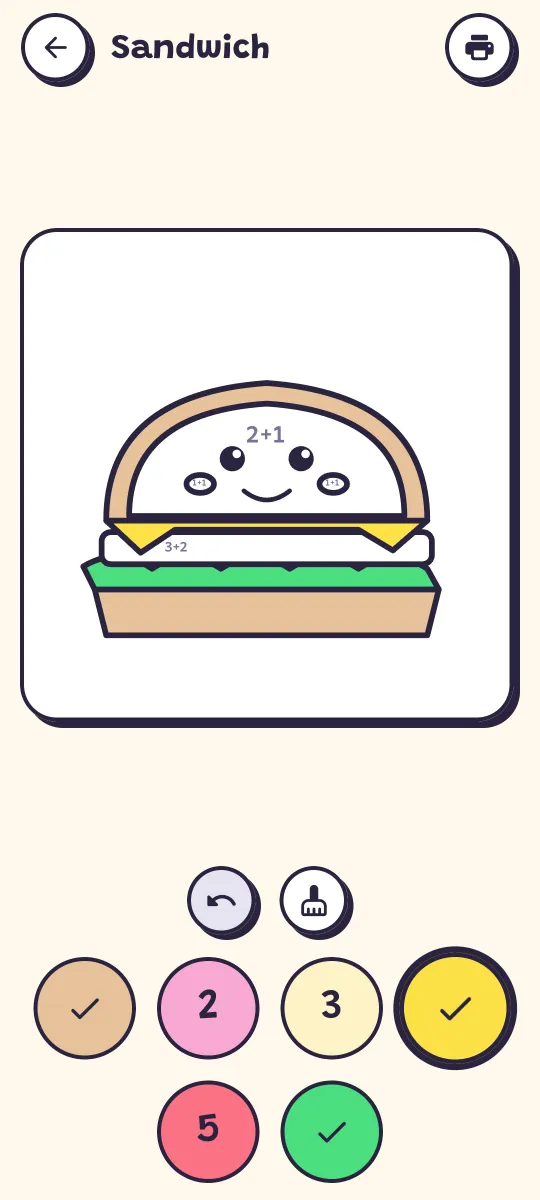 Color by math: a sandwich picture where each part shows a sum like 2+1