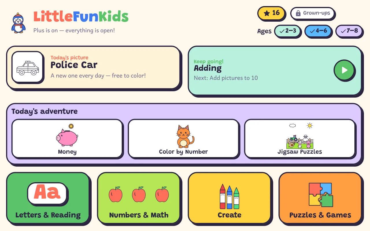The LittleFunKids home screen on a tablet: today’s picture, keep going, today’s adventure and the subject doors