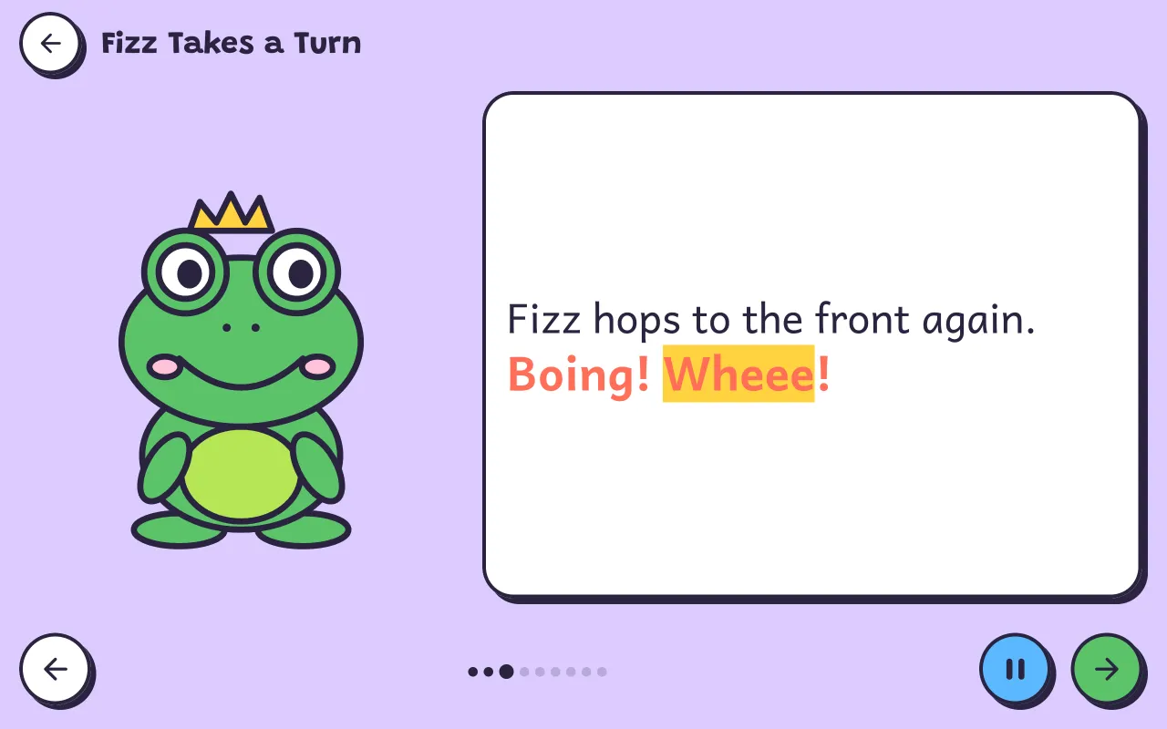 A story page on a tablet: Fizz the frog, with the word "Wheee!" lit up as it is read