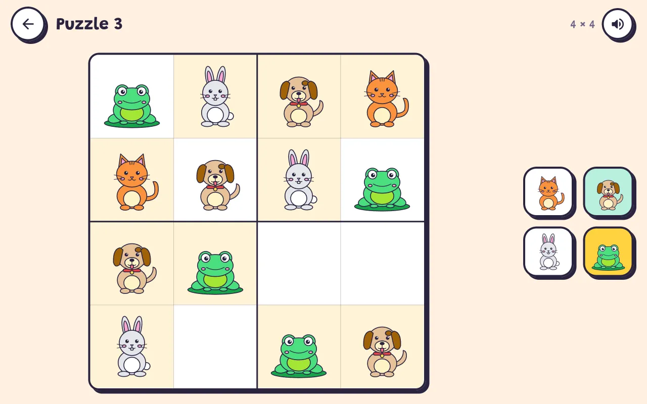 A 4 by 4 picture sudoku on a tablet, with frogs, bunnies, puppies and kittens to place